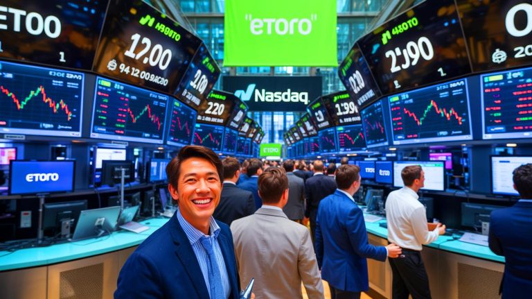 Illustration de l'introduction en bourse d'eToro sur le Nasdaq. Image réalisée par IA.