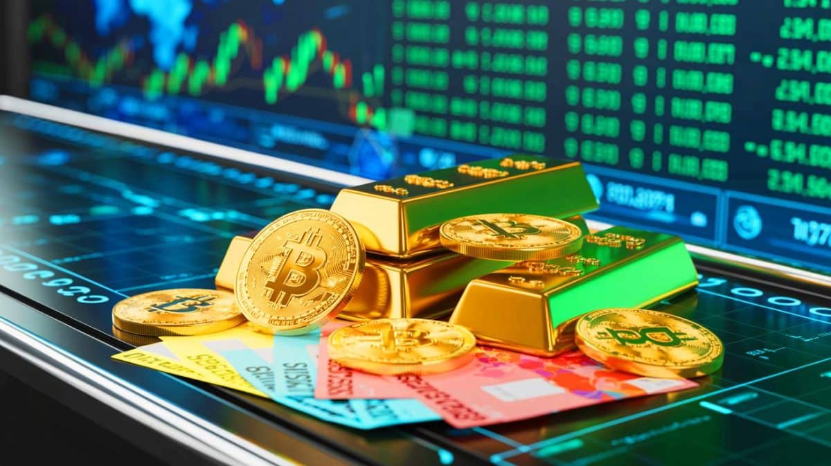 Illustration de la montée du Bitcoin, de l'or et du franc suisse comme valeurs refuges face aux tensions commerciales.