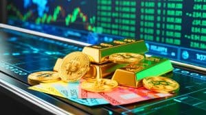 Illustration de la montée du Bitcoin, de l'or et du franc suisse comme valeurs refuges face aux tensions commerciales.