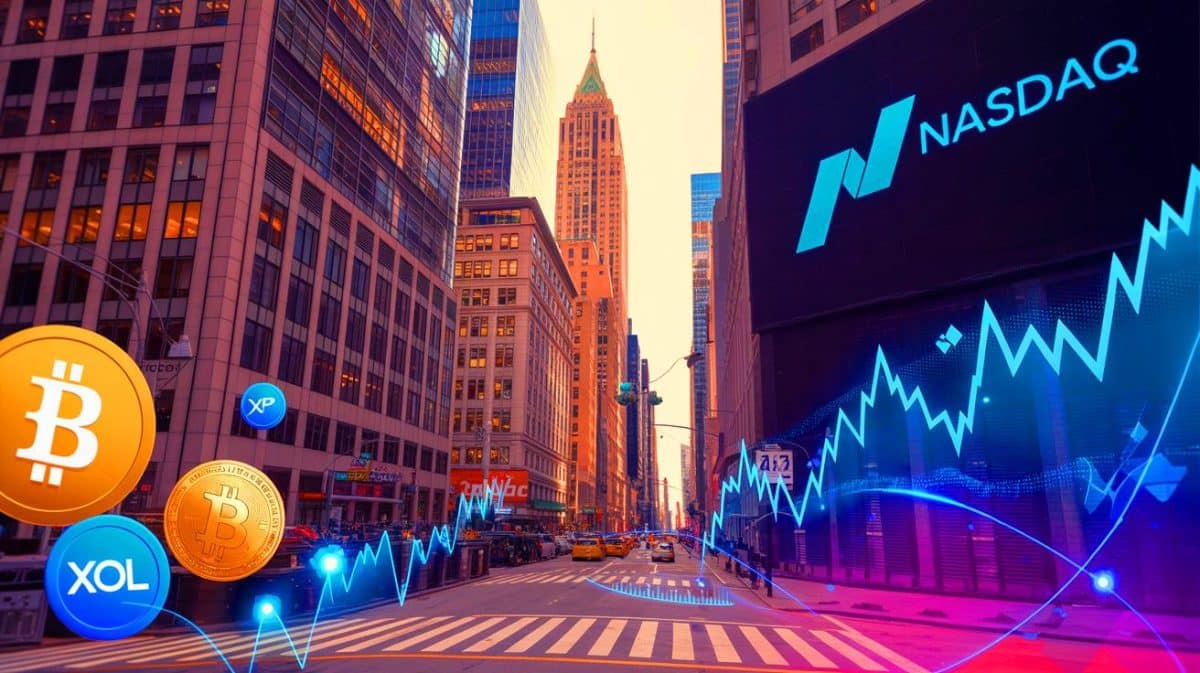 Illustration de CoinShares se retirant du marché américain des ETFs crypto pour se concentrer sur une cotation au Nasdaq.