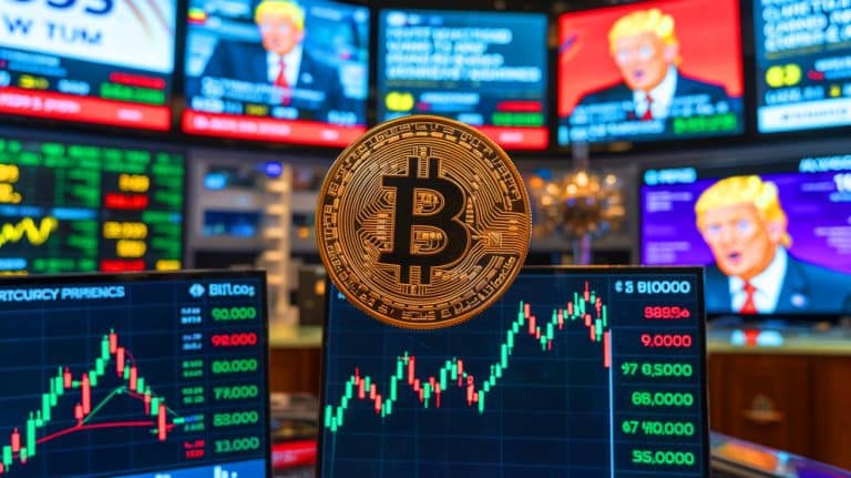 Illustration de la stabilité du bitcoin malgré les déclarations économiques et militaires de Donald Trump.